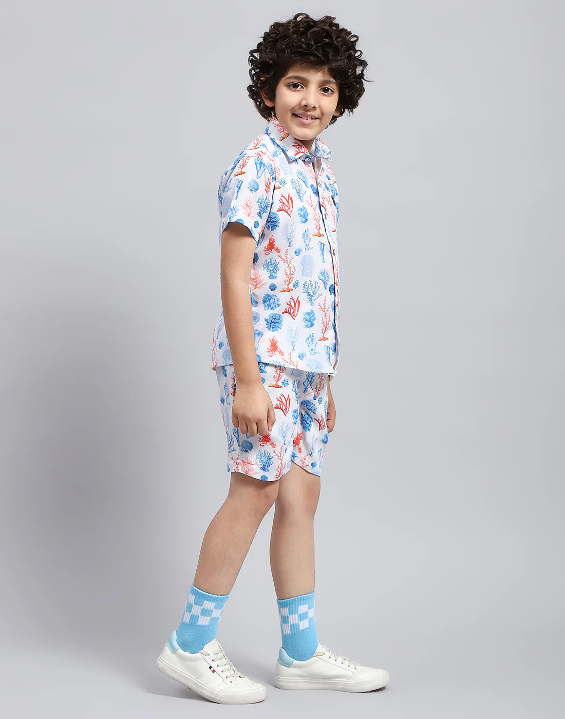 Boys Blue Printed Collar Neck Half Sleeve Bermuda Set - Image 4