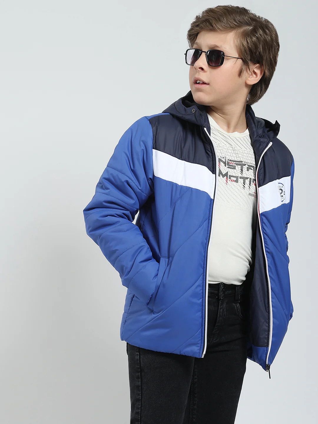 Boys Blue Printed Hooded Full Sleeve Jacket - Image 6