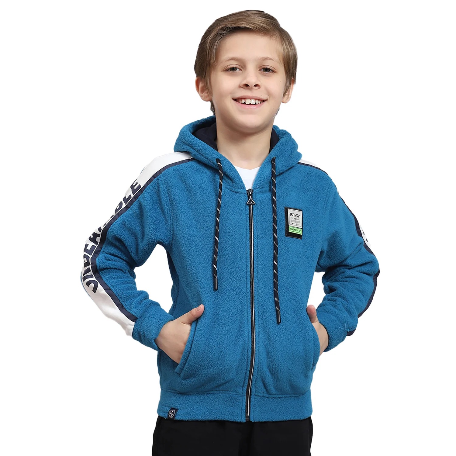 Boys Blue Printed Hooded Full Sleeve Sweatshirt - Image 5