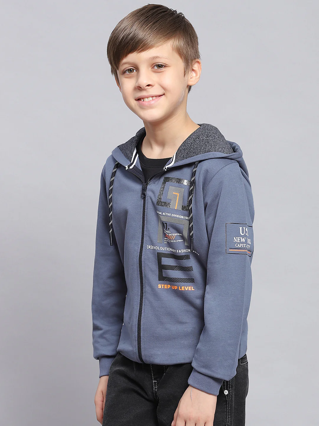 Boys Blue Printed Hooded Full Sleeve Sweatshirt - Image 3