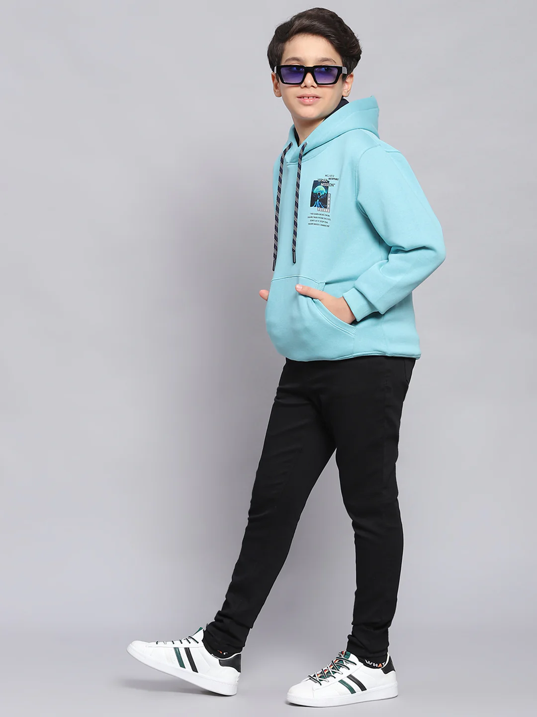 Boys Blue Printed Hooded Full Sleeve Sweatshirt - Image 2