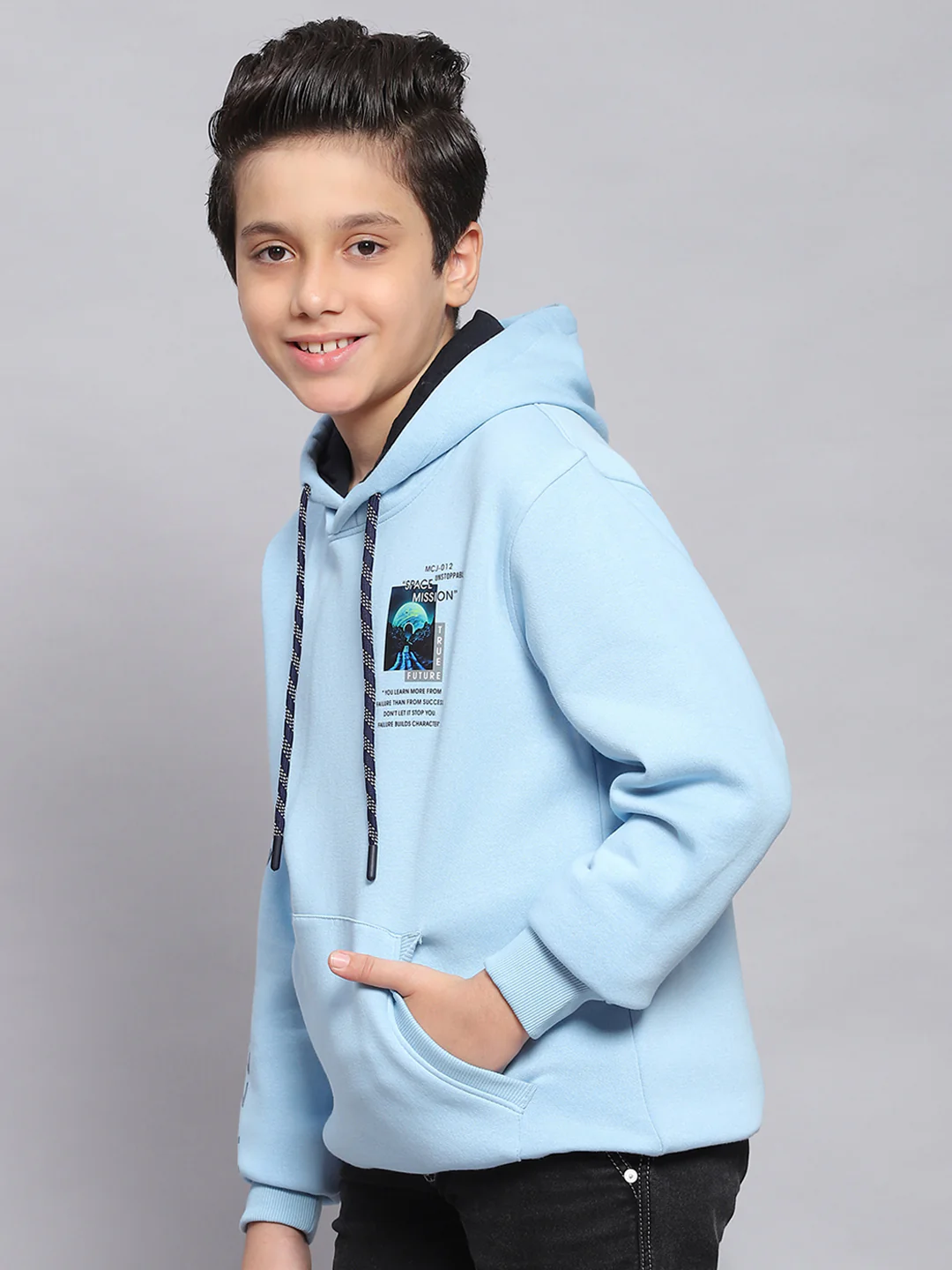 Boys Blue Printed Hooded Full Sleeve Sweatshirt - Image 3