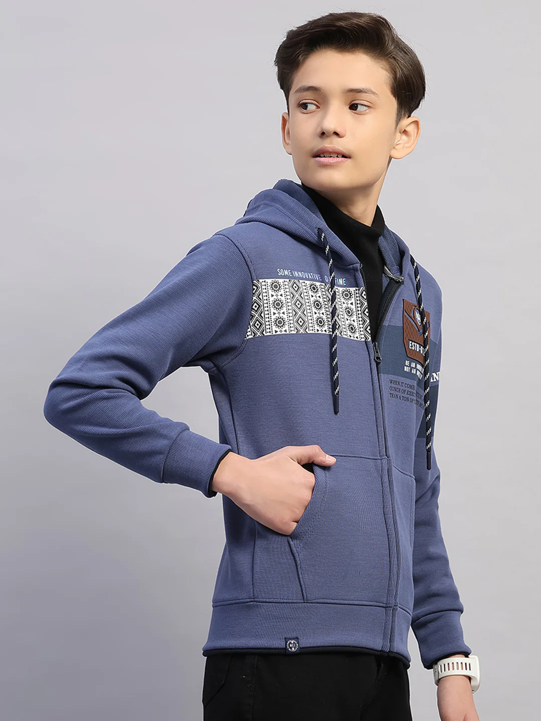 Boys Blue Printed Hooded Full Sleeve Sweatshirt - Image 4