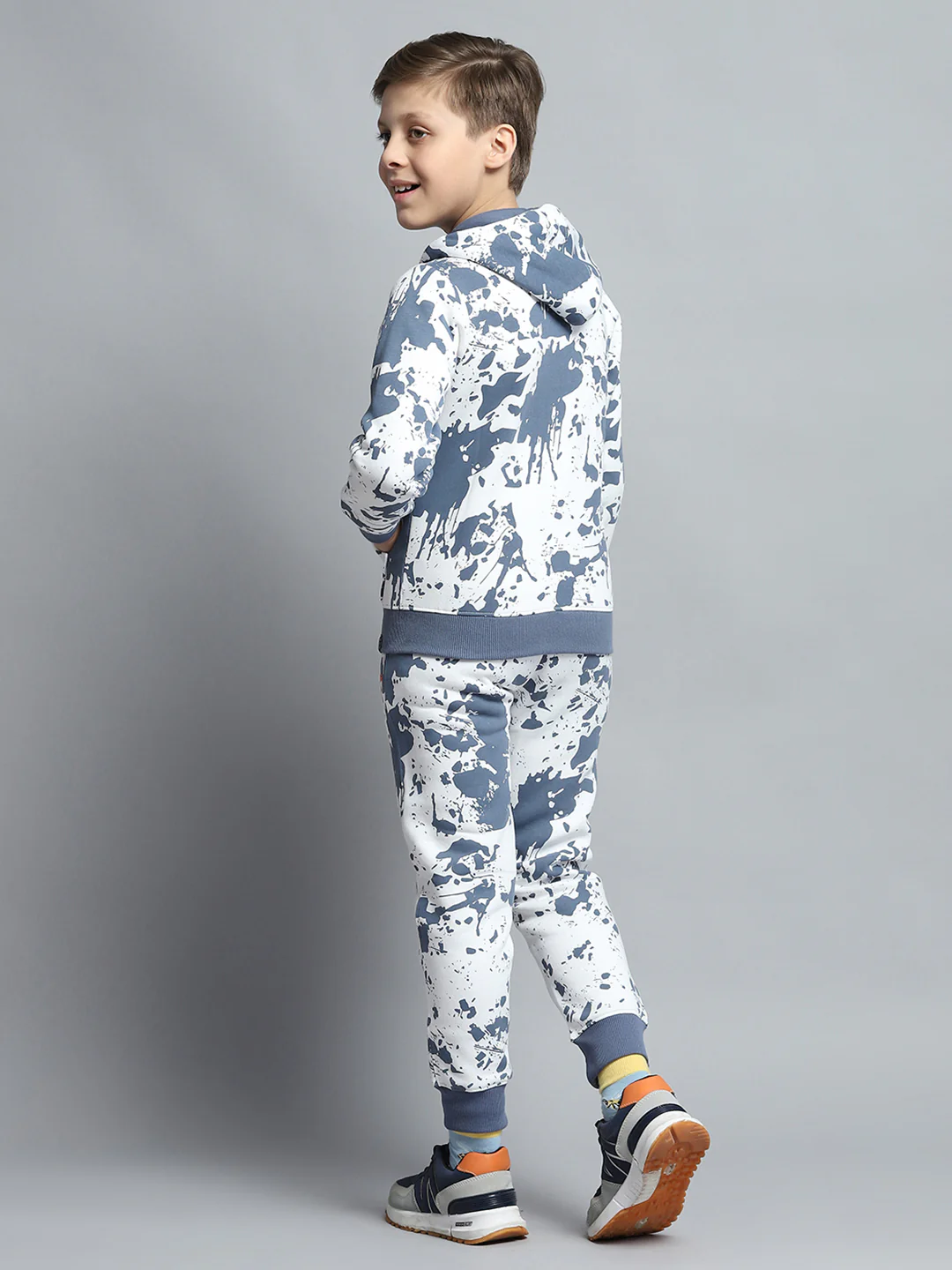 Boys Blue Printed Hooded Full Sleeve Tracksuit - Image 5