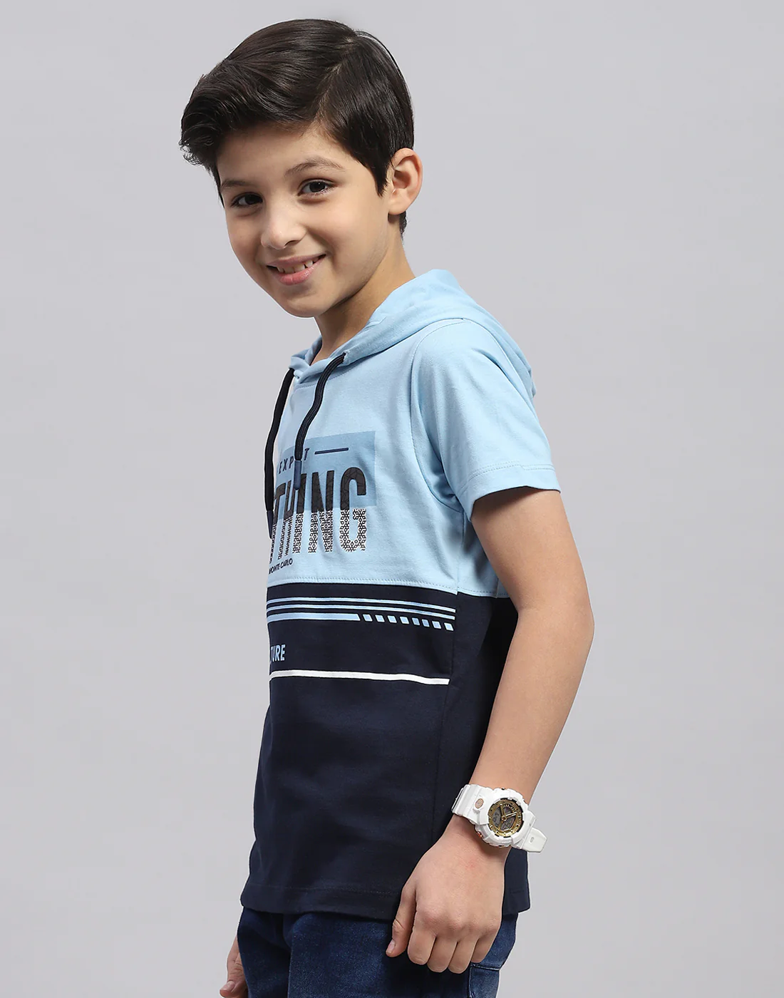 Boys Blue Printed Hooded Half Sleeve T-Shirt - Image 3