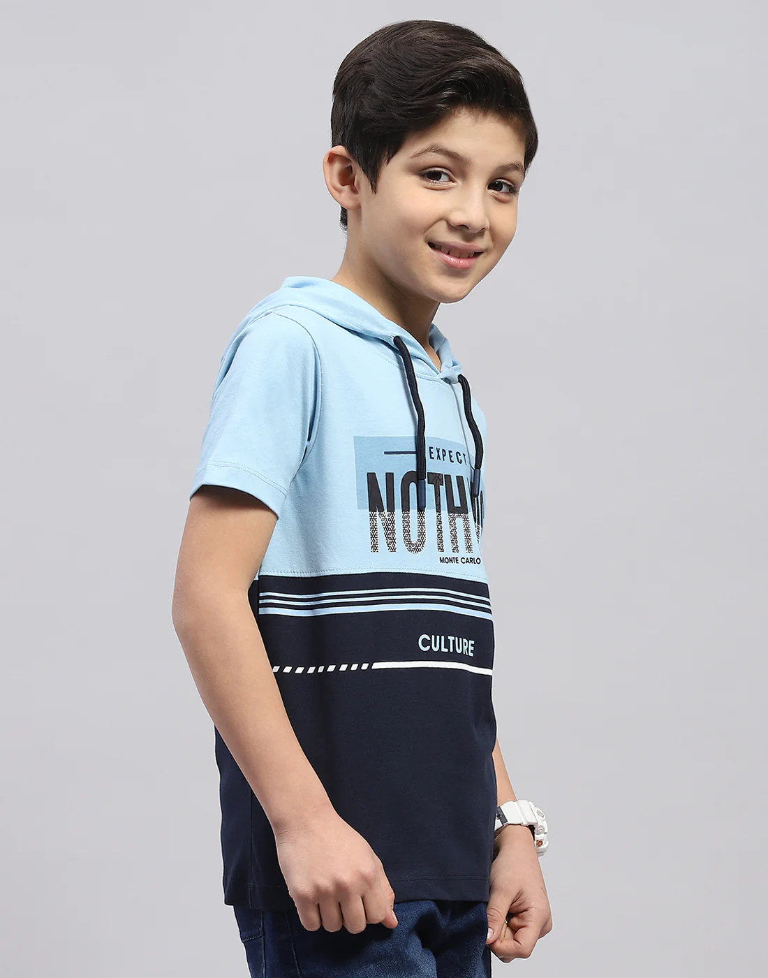 Boys Blue Printed Hooded Half Sleeve T-Shirt - Image 4