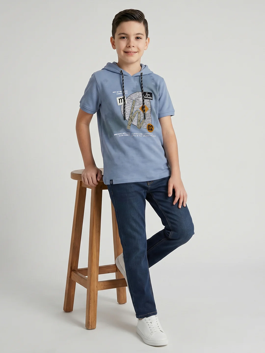Boys Blue Printed Hooded Half Sleeve T-Shirt - Image 5