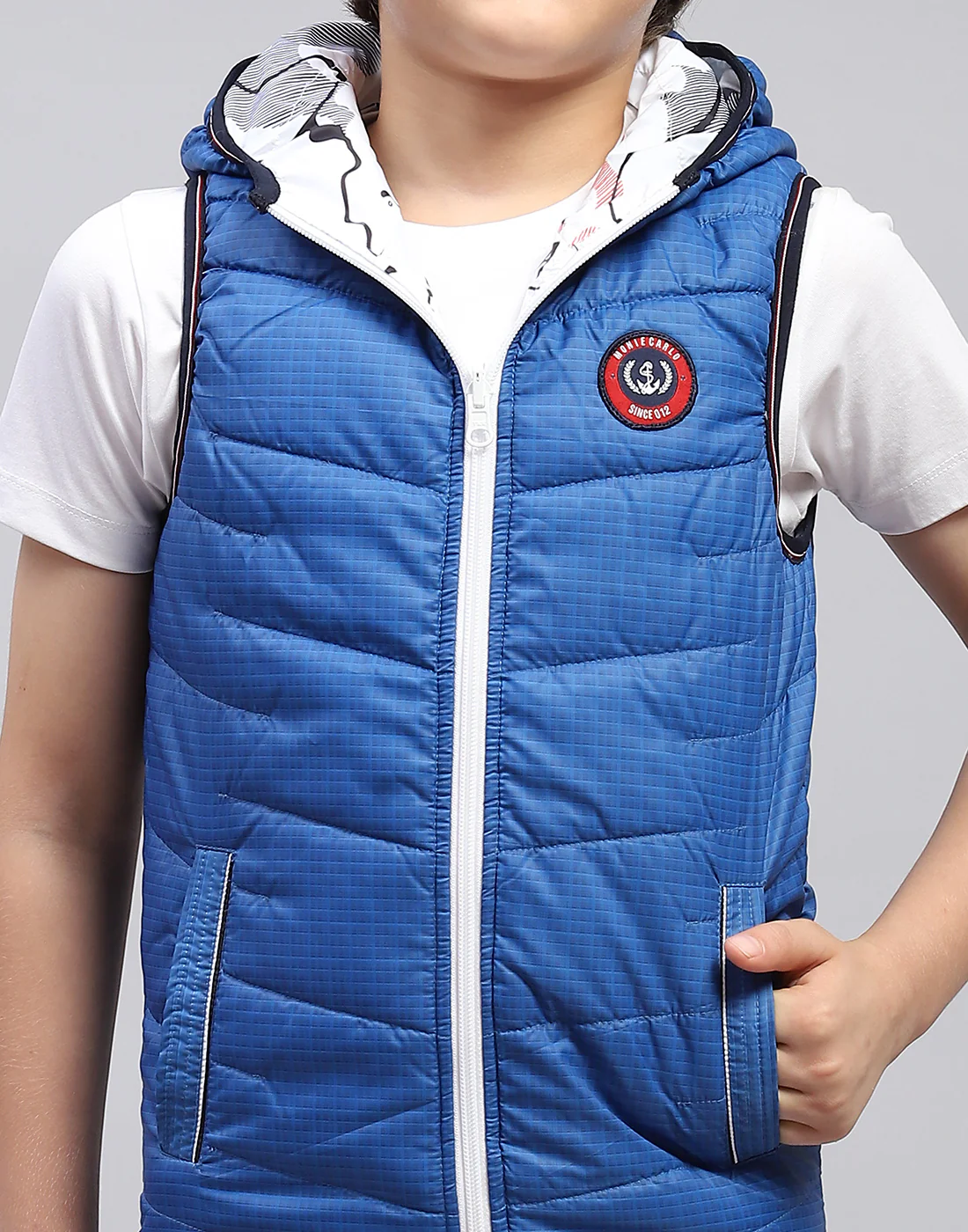 Boys Blue Printed Hooded Sleeveless Jacket - Image 10