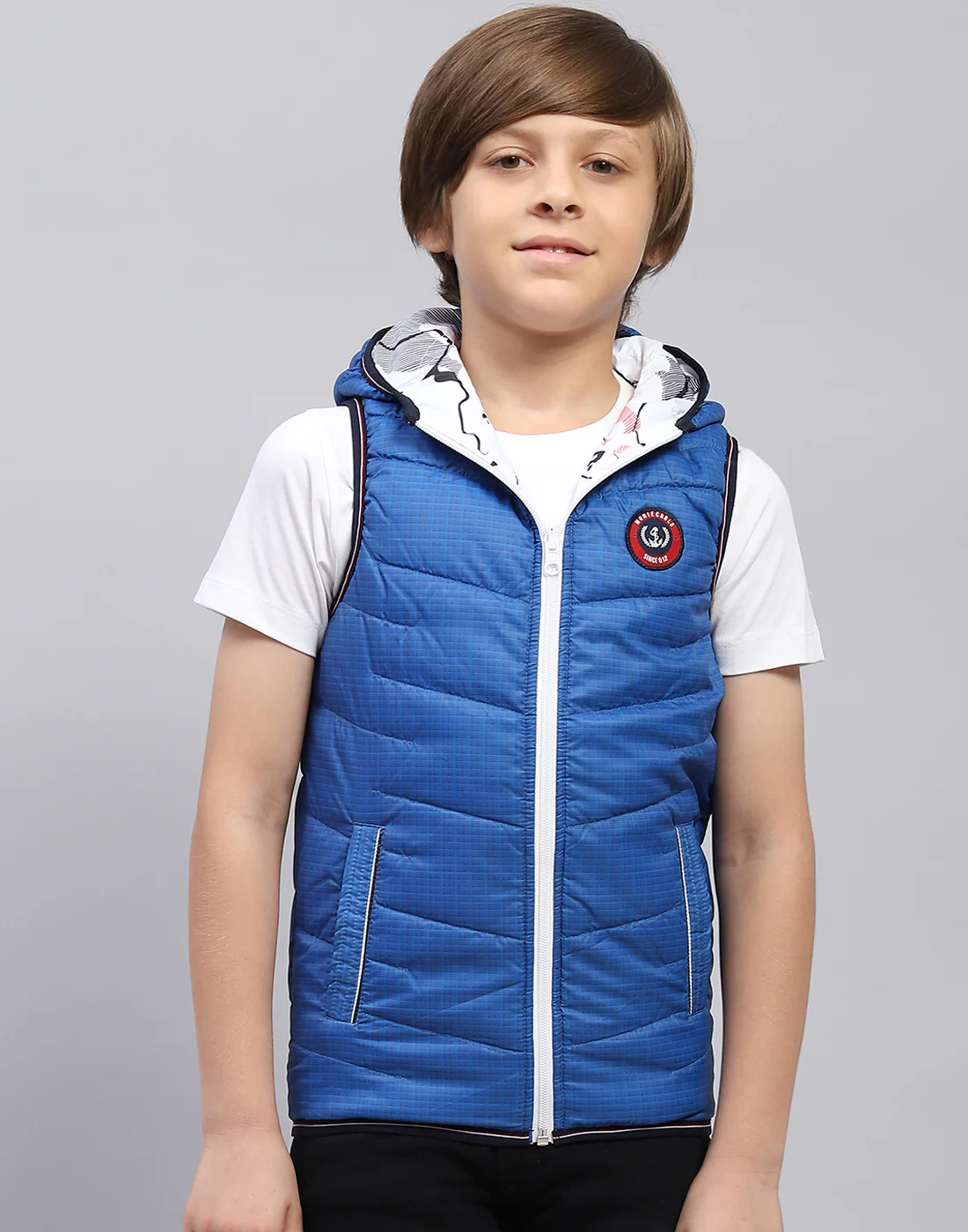 Boys Blue Printed Hooded Sleeveless Jacket - Image 2