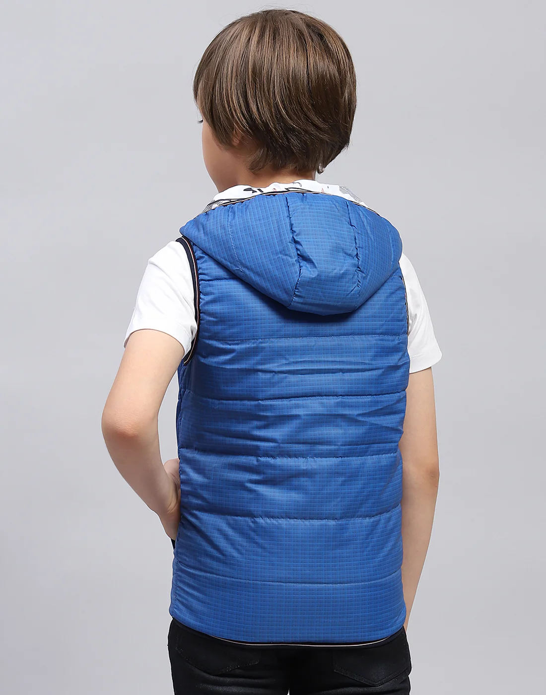 Boys Blue Printed Hooded Sleeveless Jacket - Image 5