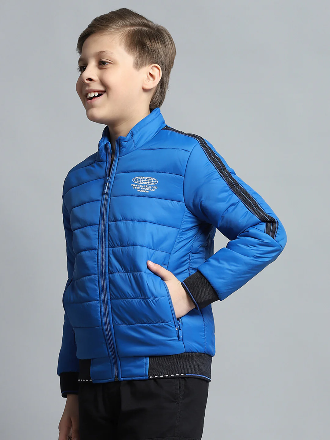 Boys Blue Printed Mock Neck Full Sleeve Jacket - Image 3