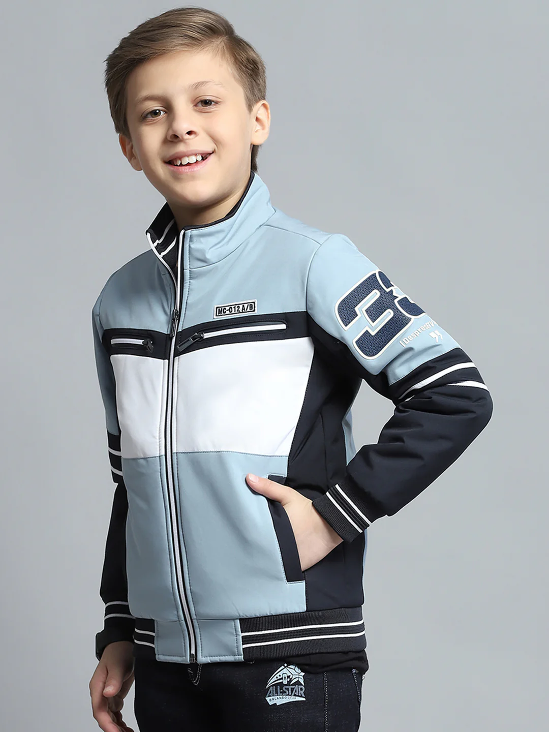 Boys Blue Printed Mock Neck Full Sleeve Jacket - Image 3