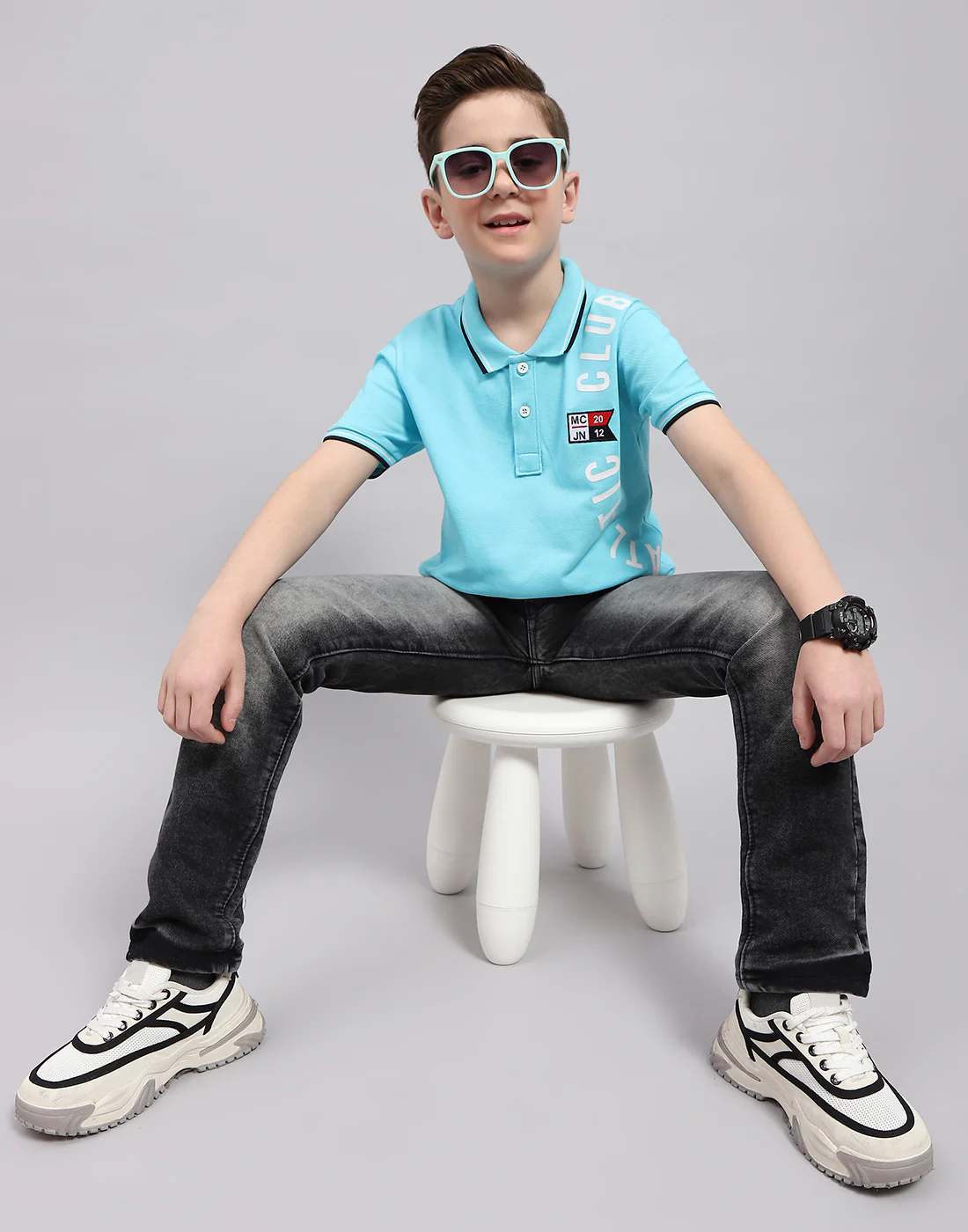 Boys Blue Printed Polo Collar Half Sleeve T-Shirt - Image 2