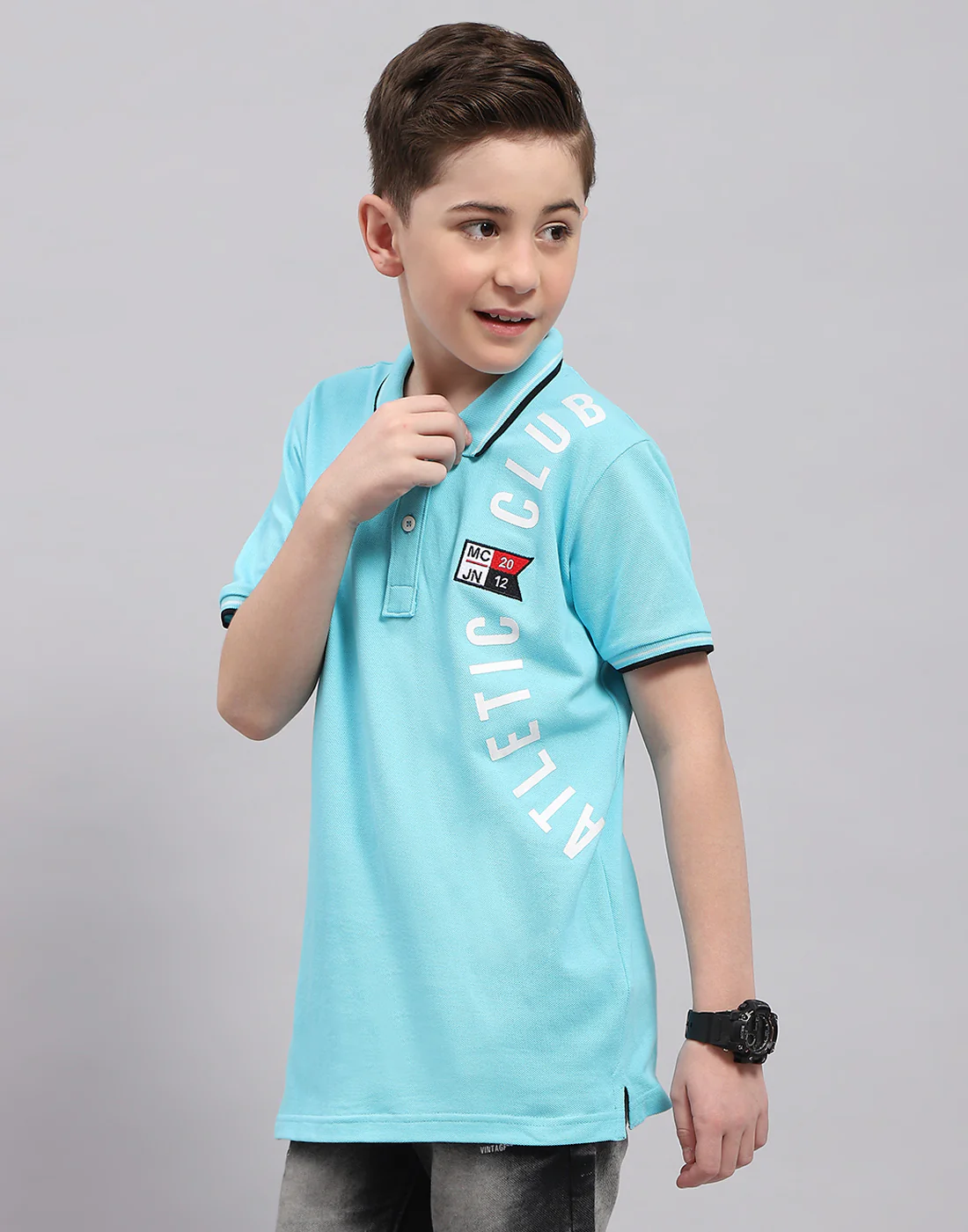 Boys Blue Printed Polo Collar Half Sleeve T-Shirt - Image 4