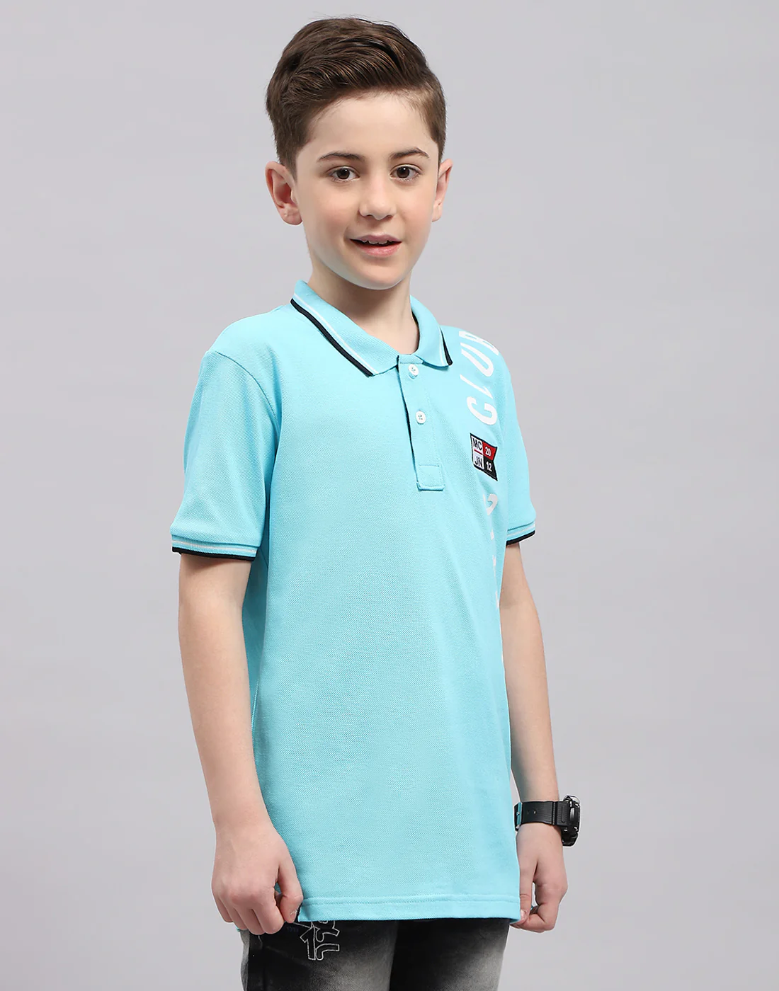 Boys Blue Printed Polo Collar Half Sleeve T-Shirt - Image 5