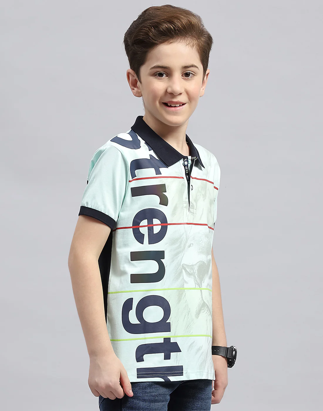 Boys Blue Printed Polo Collar Half Sleeve T-Shirt - Image 4