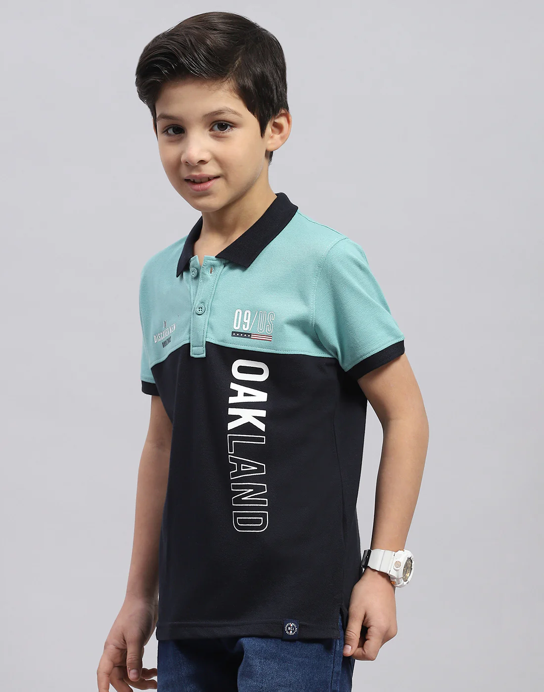 Boys Blue Printed Polo Collar Half Sleeve T-Shirt - Image 3