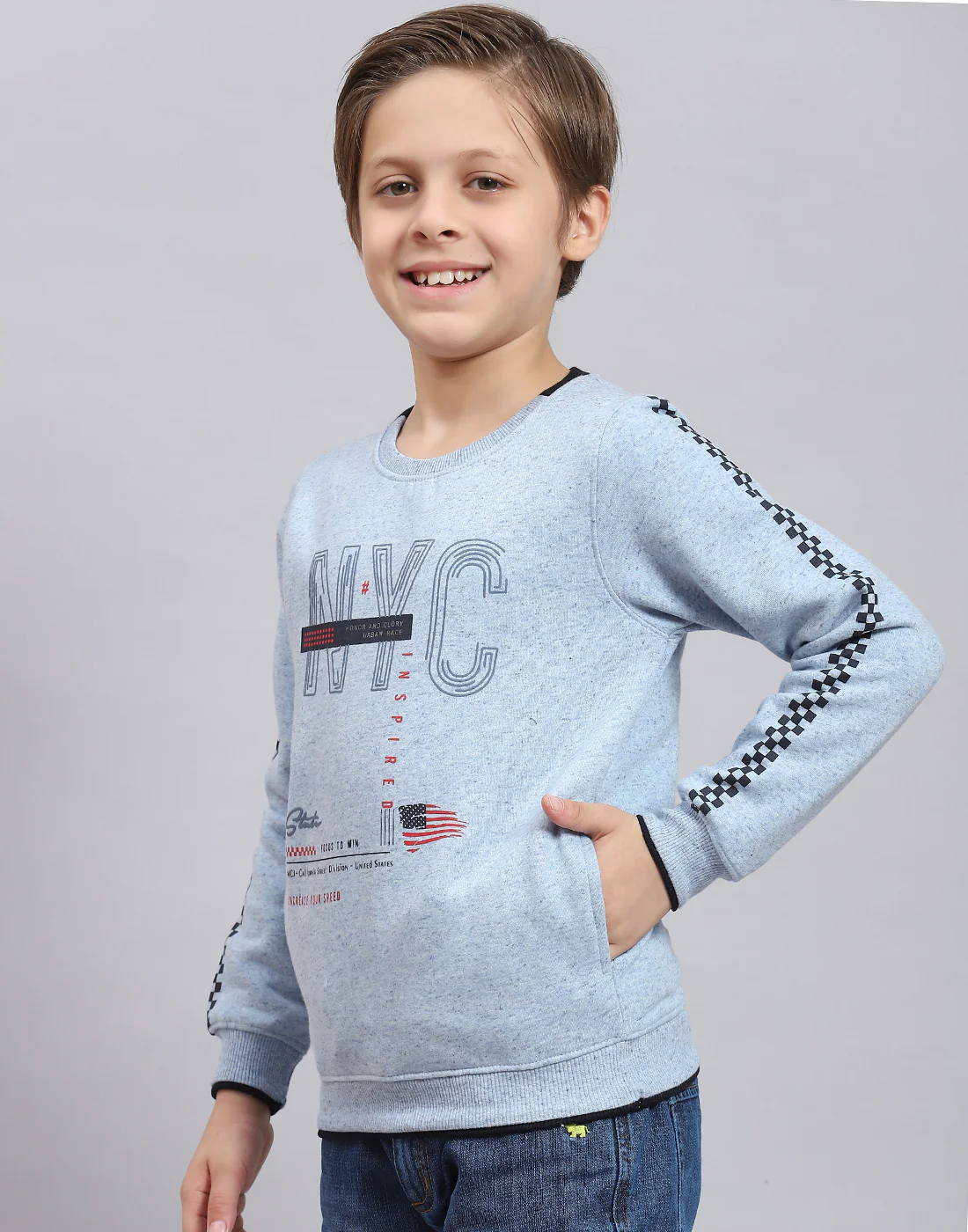 Boys Blue Printed Round Neck Full Sleeve Sweatshirt - Image 3