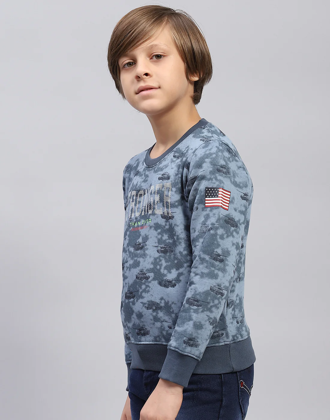 Boys Blue Printed Round Neck Full Sleeve Sweatshirt - Image 3