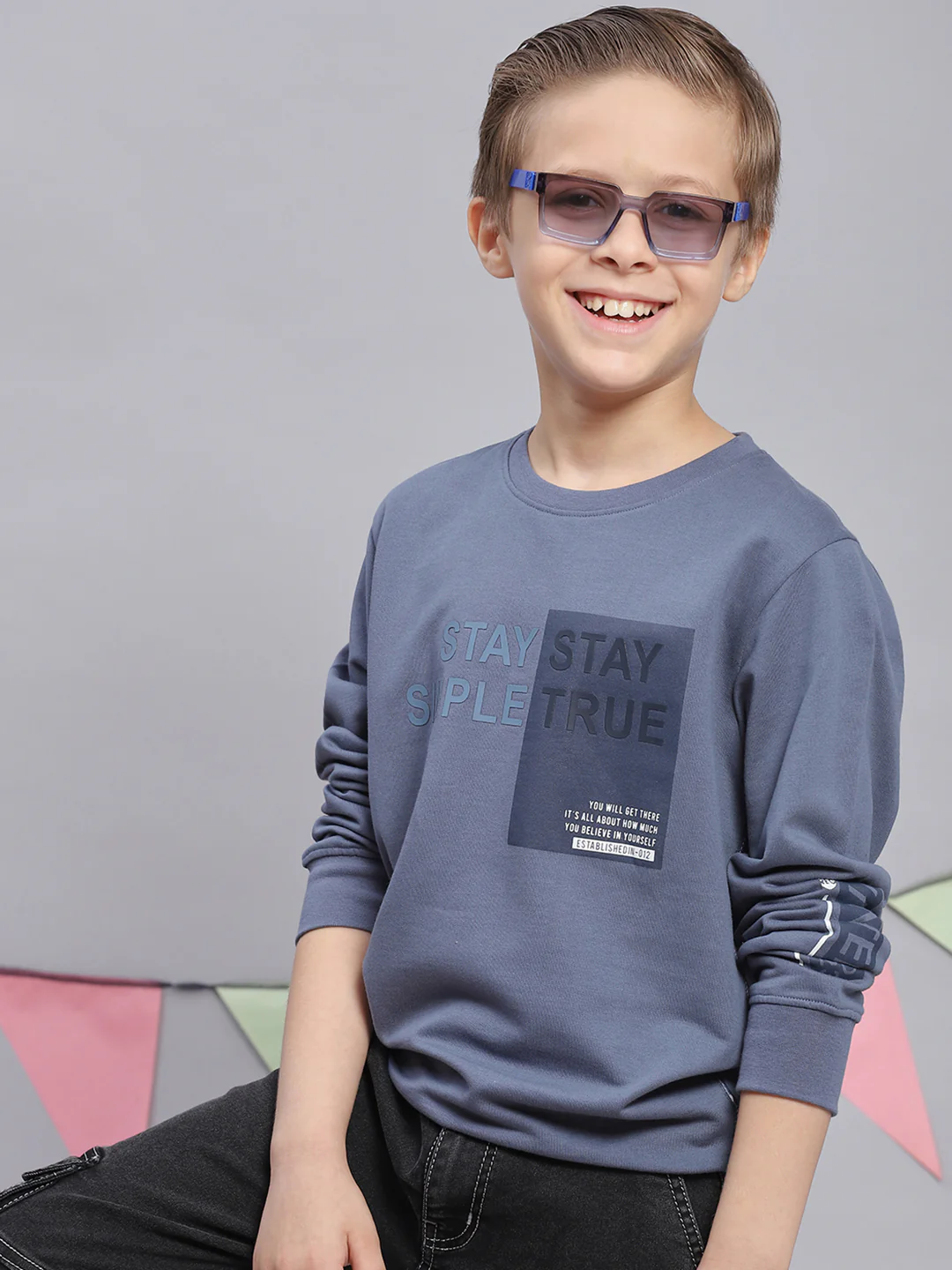 Boys Blue Printed Round Neck Full Sleeve Sweatshirt - Image 2