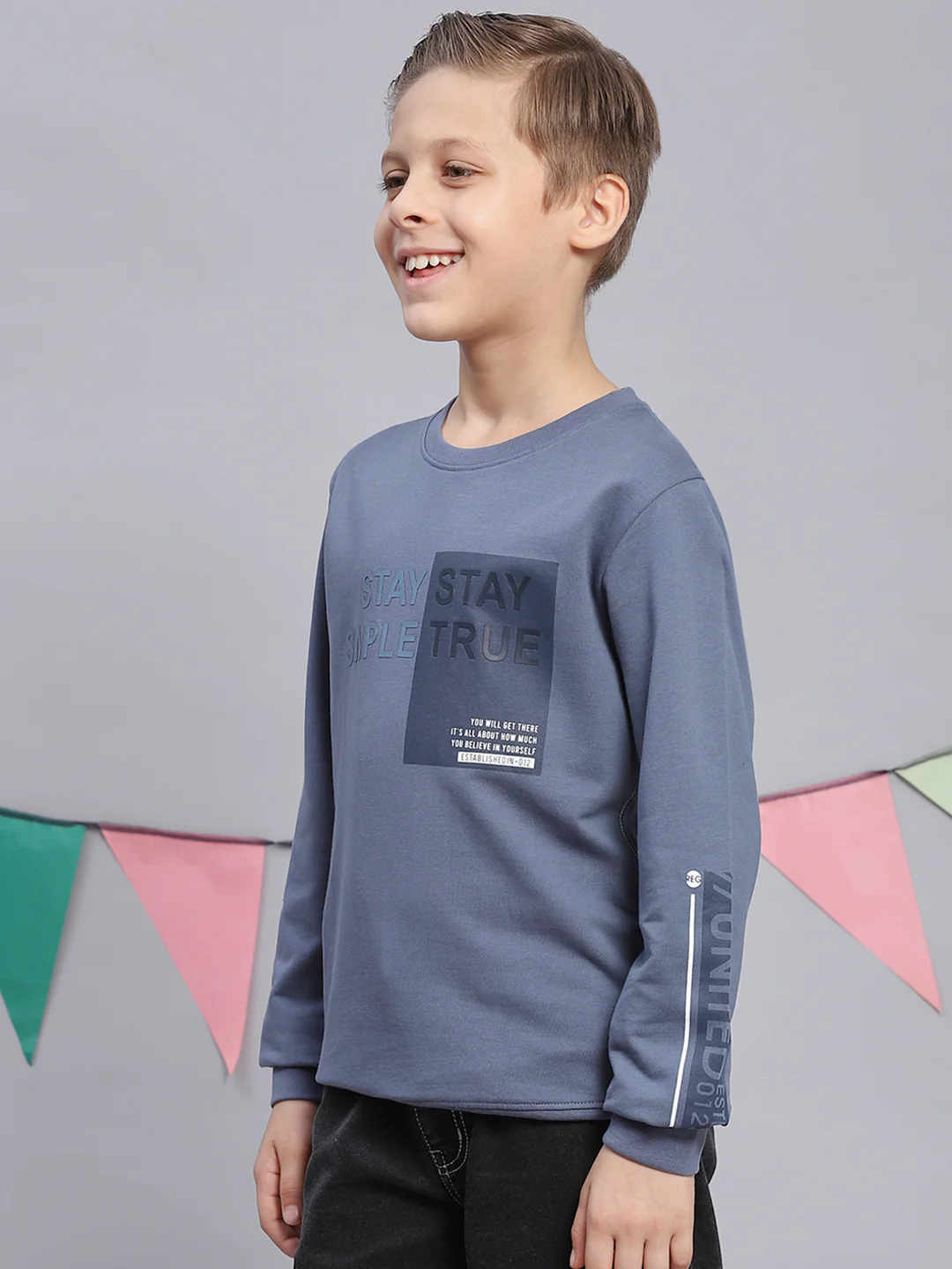 Boys Blue Printed Round Neck Full Sleeve Sweatshirt - Image 3