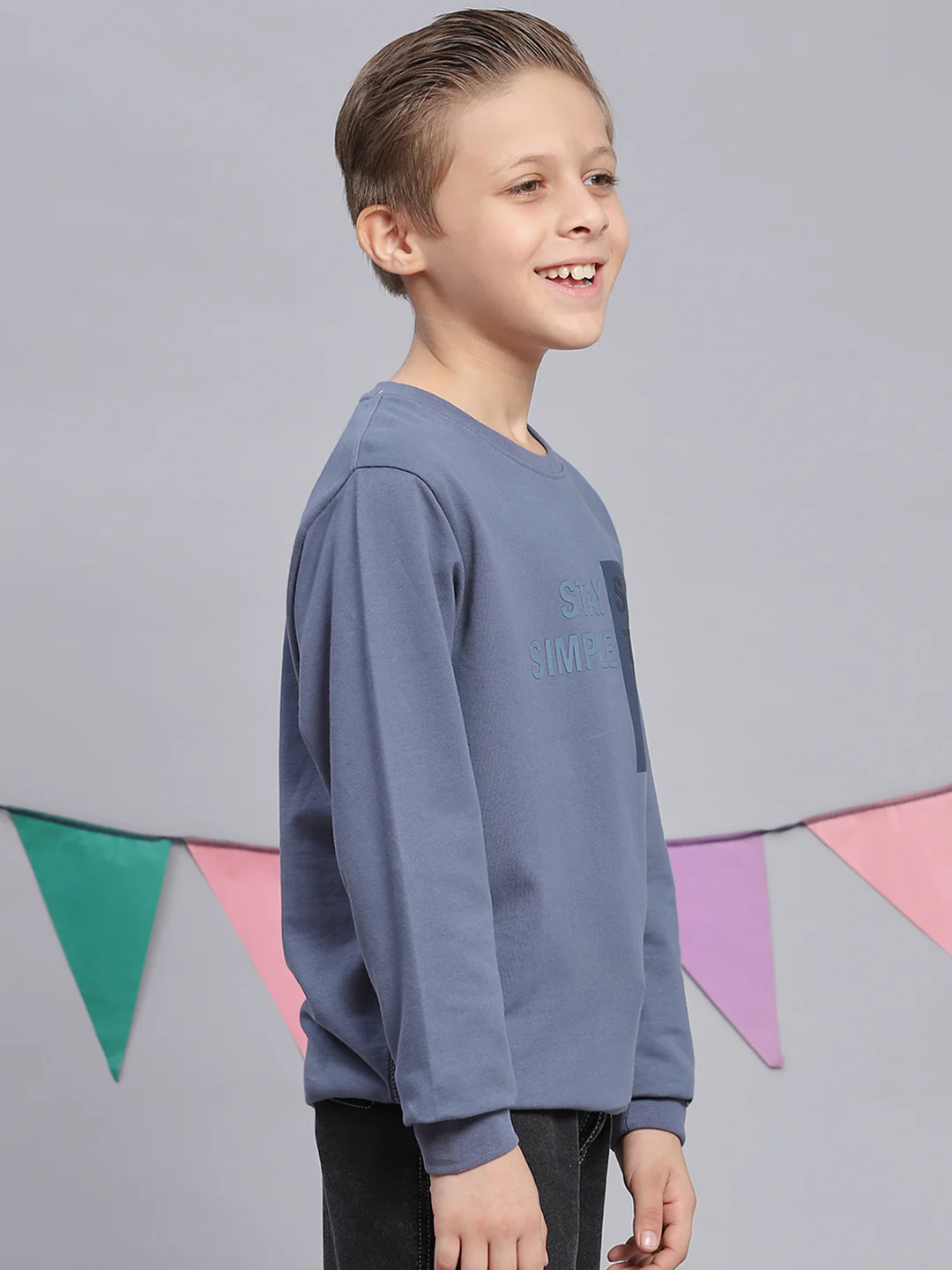 Boys Blue Printed Round Neck Full Sleeve Sweatshirt - Image 4