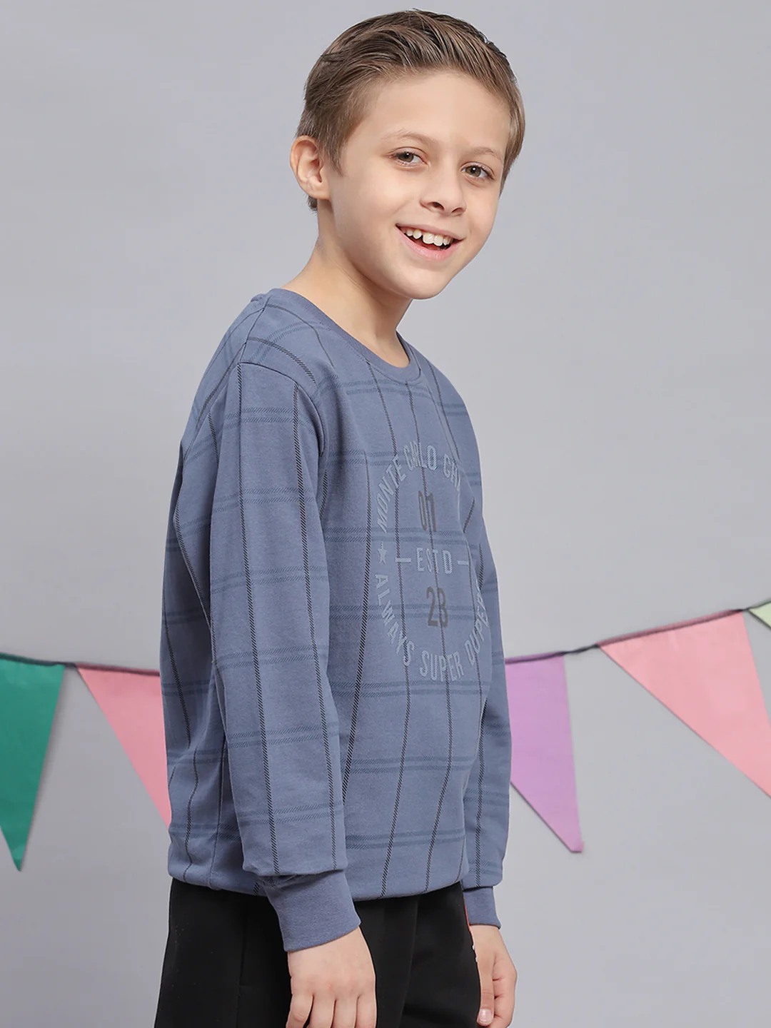 Boys Blue Printed Round Neck Full Sleeve Sweatshirt - Image 4