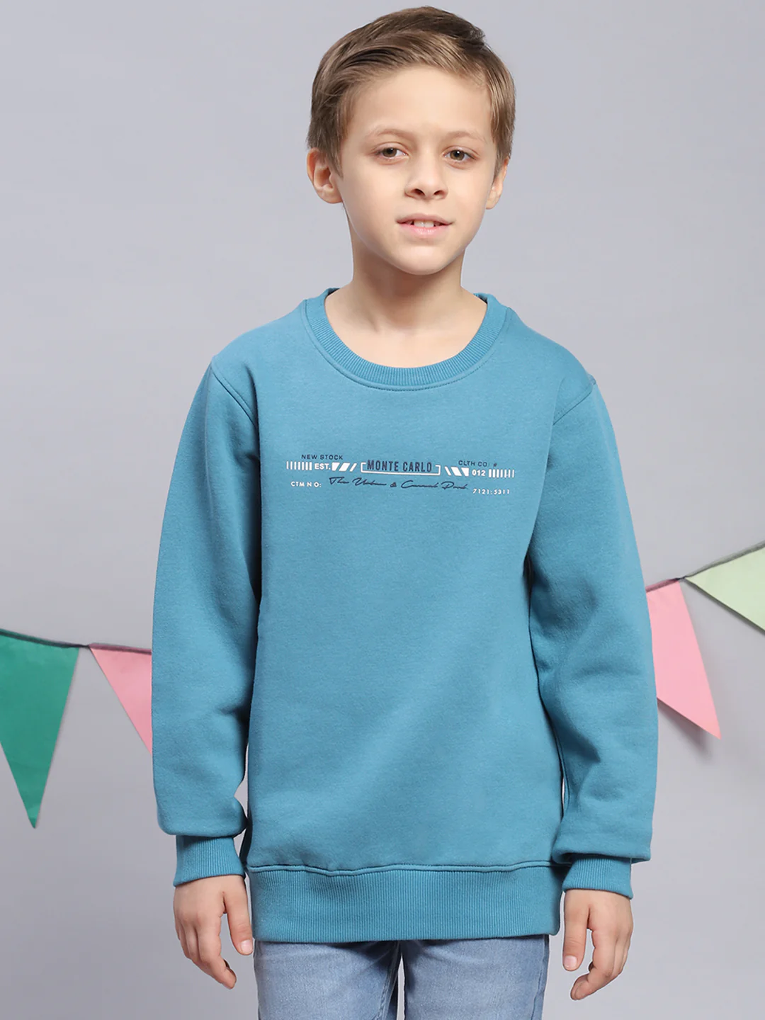 Boys Blue Printed Round Neck Full Sleeve Sweatshirt - Image 3