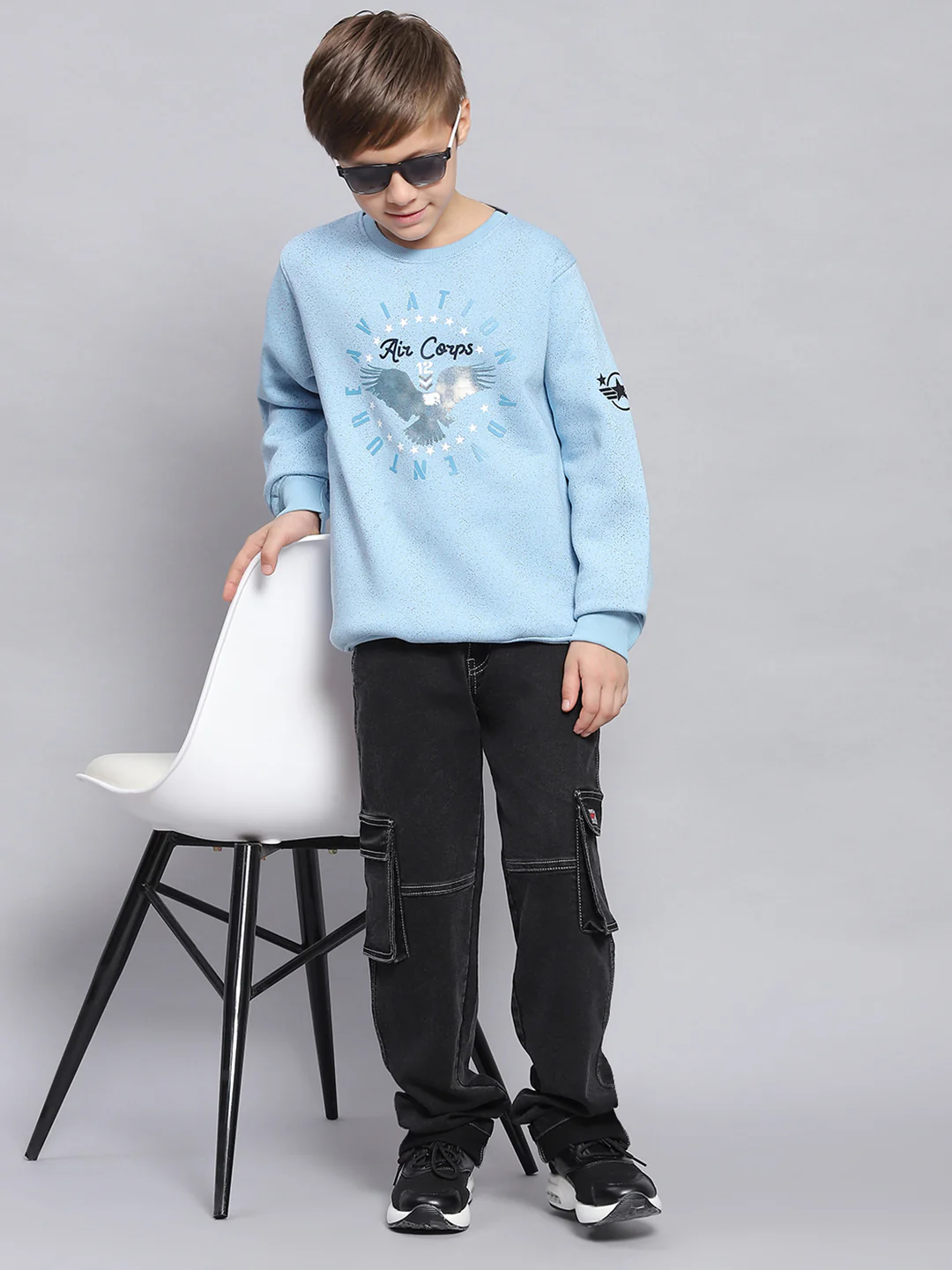 Boys Blue Printed Round Neck Full Sleeve Sweatshirt - Image 3