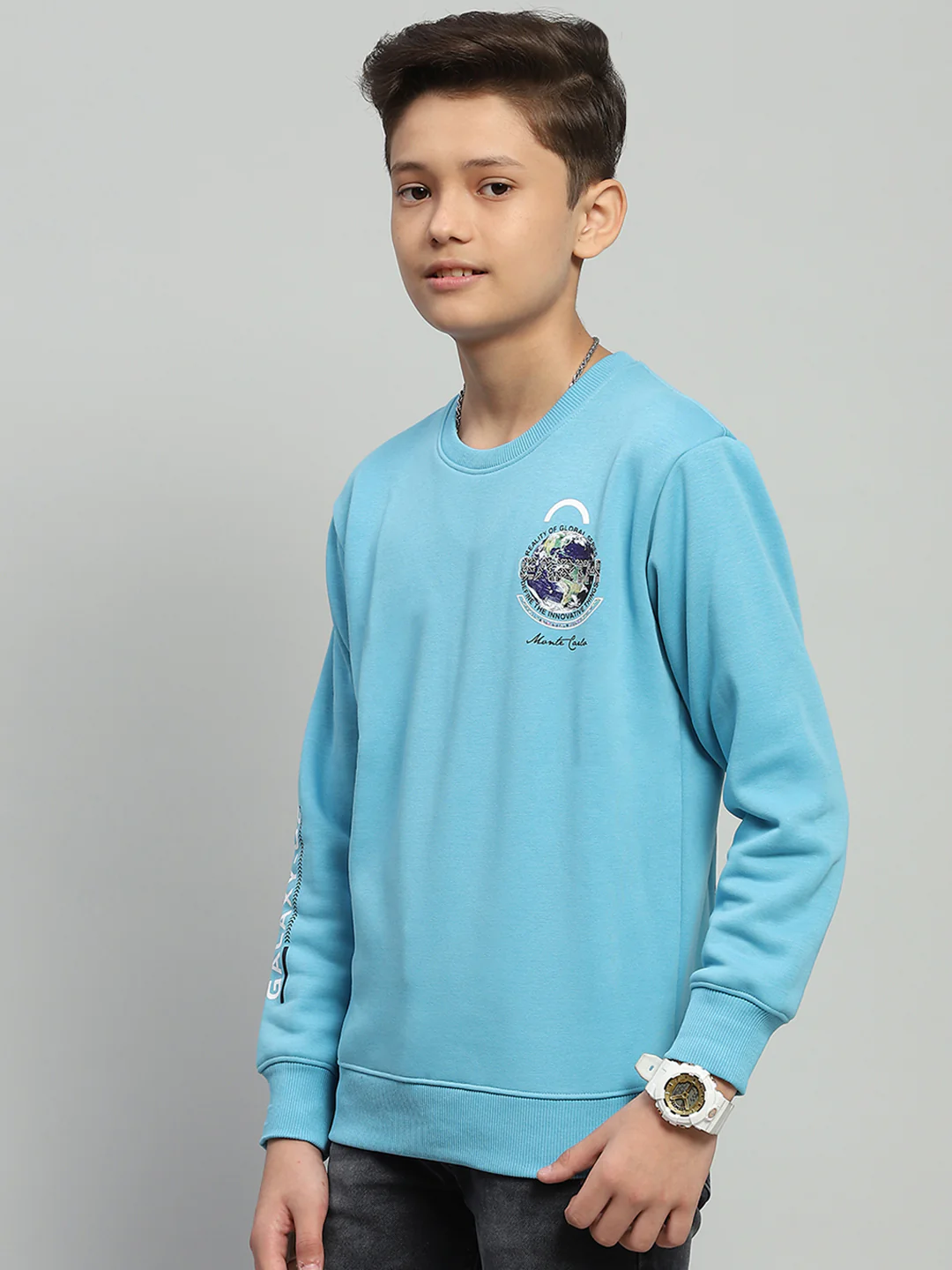 Boys Blue Printed Round Neck Full Sleeve Sweatshirt - Image 3