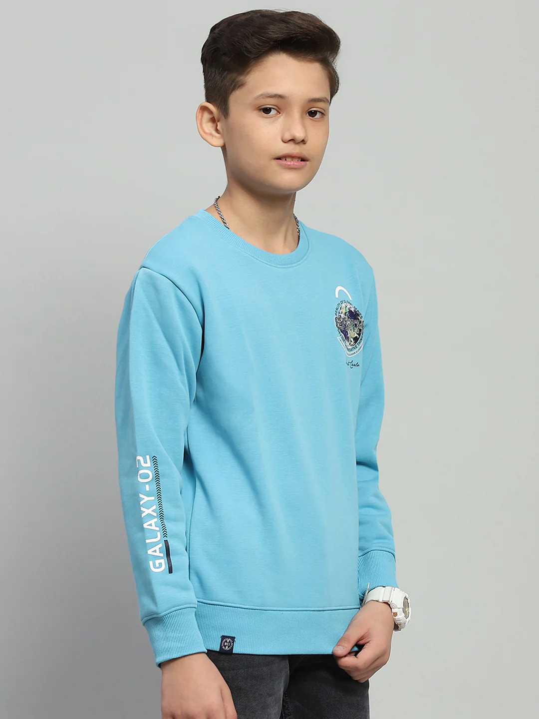 Boys Blue Printed Round Neck Full Sleeve Sweatshirt - Image 4