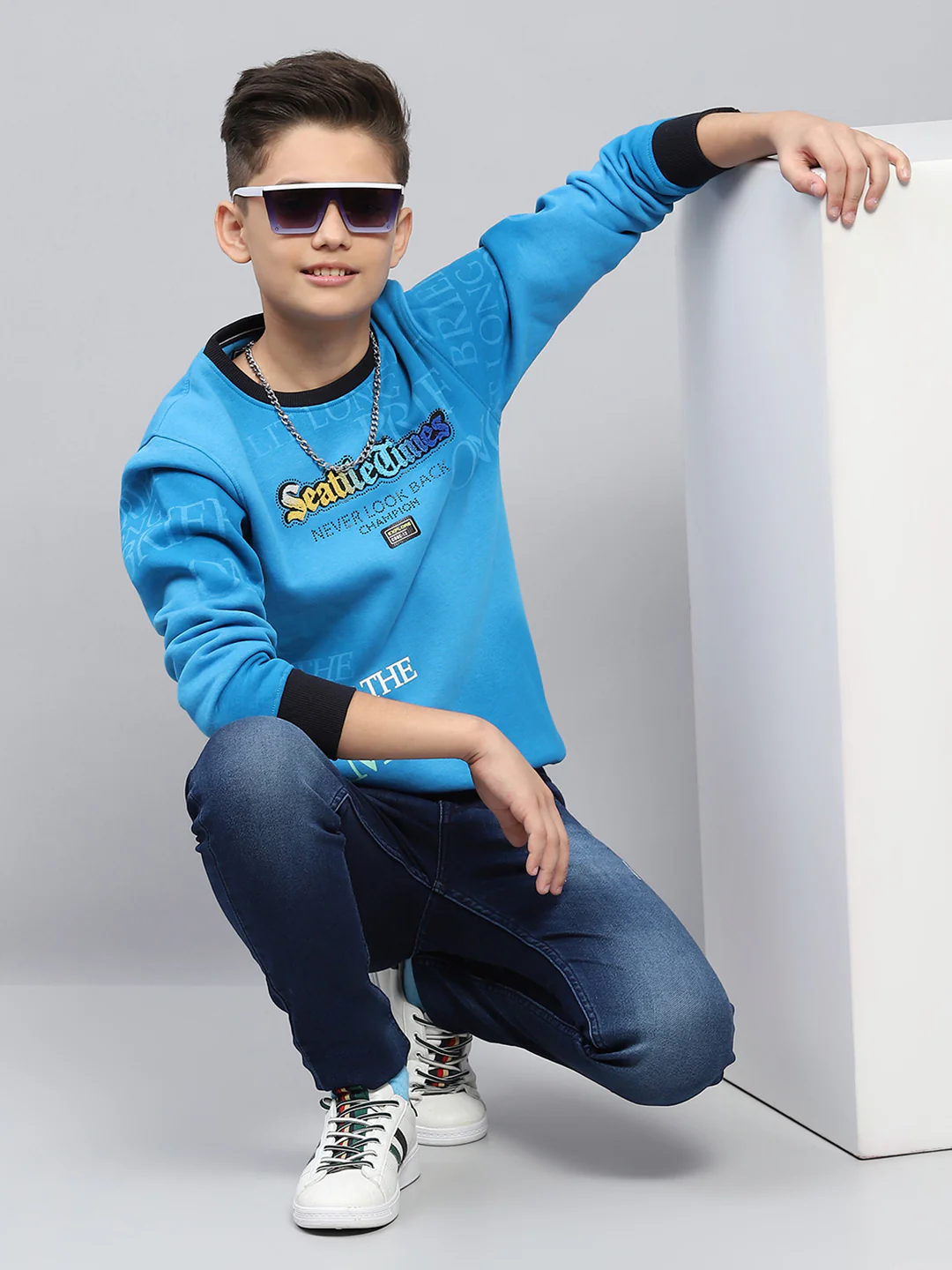 Boys Blue Printed Round Neck Full Sleeve Sweatshirt - Image 6