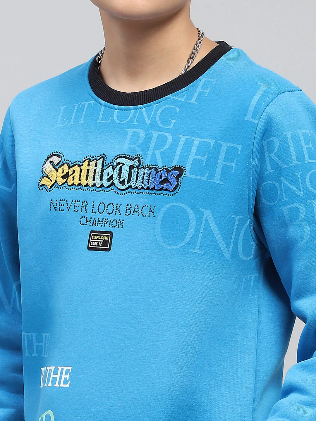 Boys Blue Printed Round Neck Full Sleeve Sweatshirt - Image 7