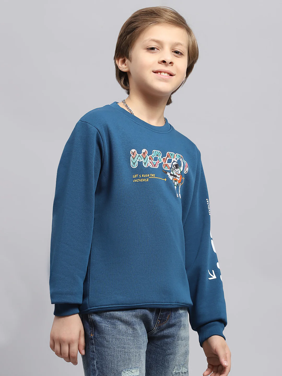 Boys Blue Printed Round Neck Full Sleeve Sweatshirt - Image 4