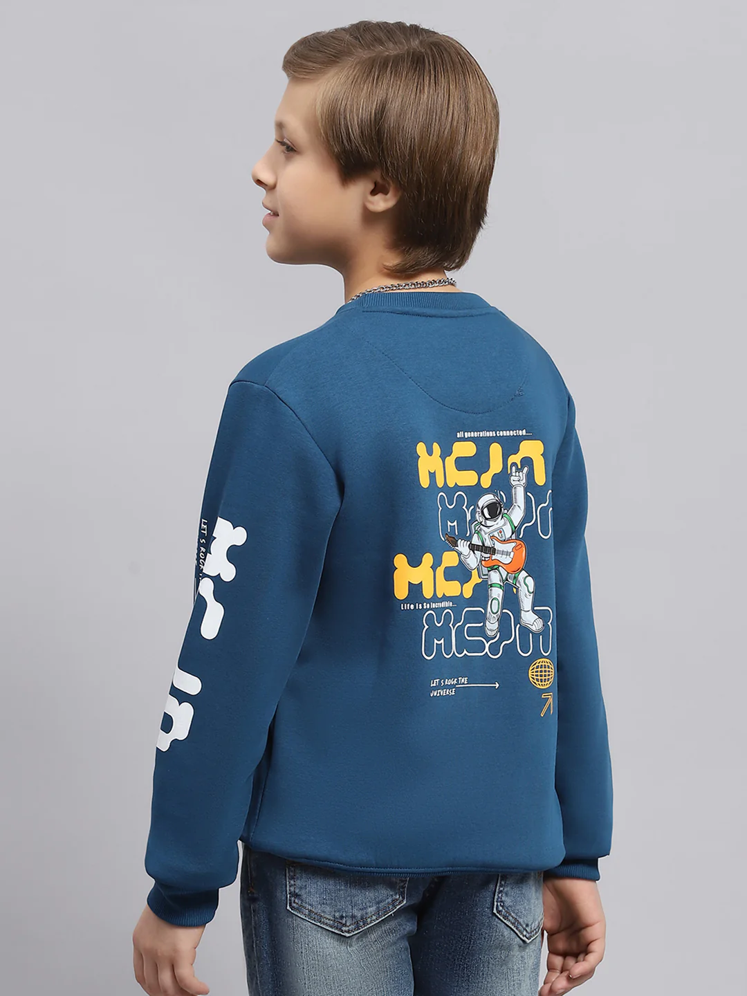 Boys Blue Printed Round Neck Full Sleeve Sweatshirt - Image 5