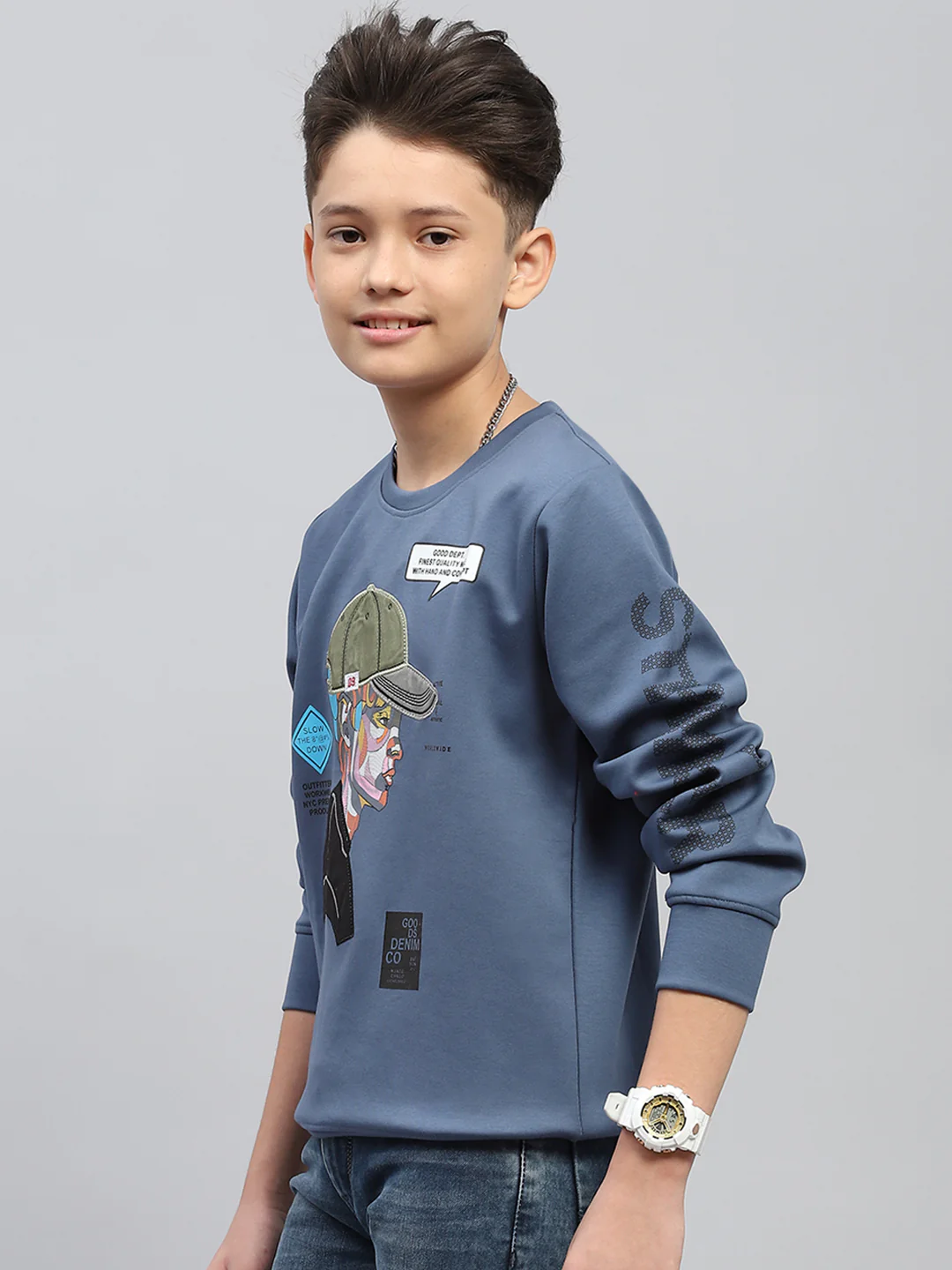 Boys Blue Printed Round Neck Full Sleeve Sweatshirt - Image 3