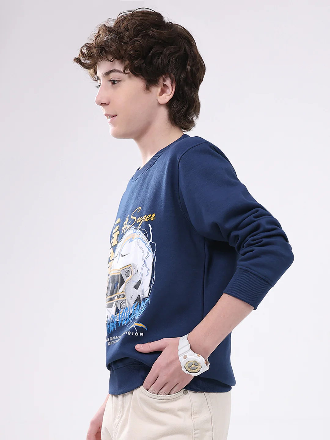 Boys Blue Printed Round Neck Full Sleeve Sweatshirt - Image 3