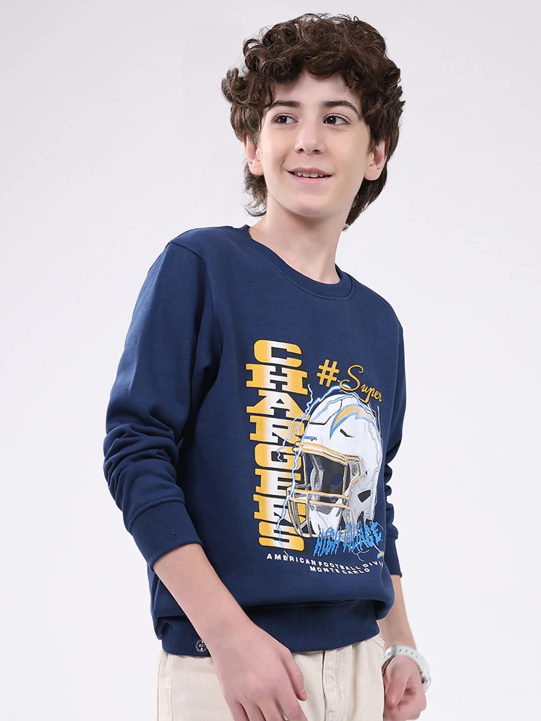 Boys Blue Printed Round Neck Full Sleeve Sweatshirt - Image 4