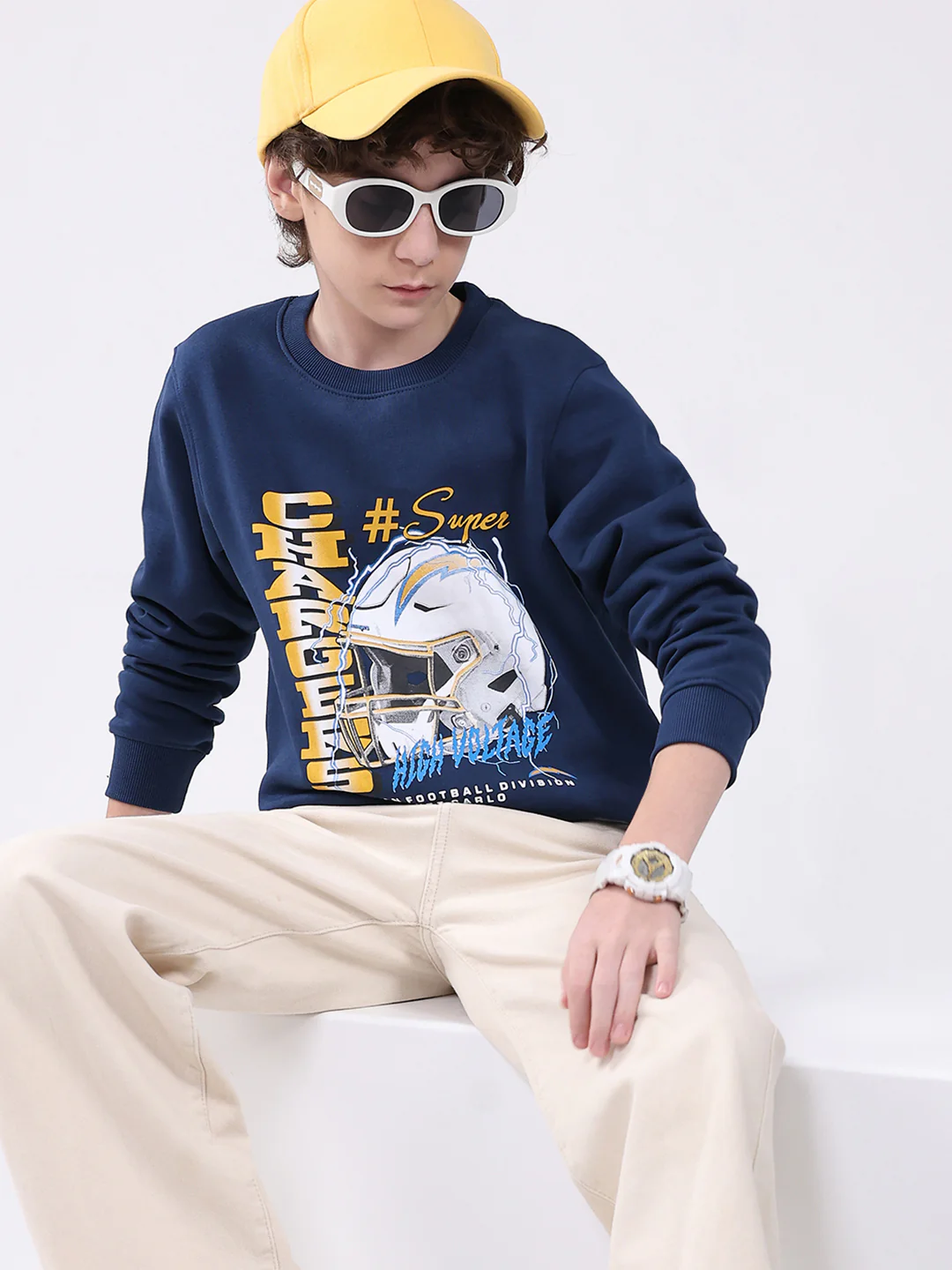 Boys Blue Printed Round Neck Full Sleeve Sweatshirt - Image 6