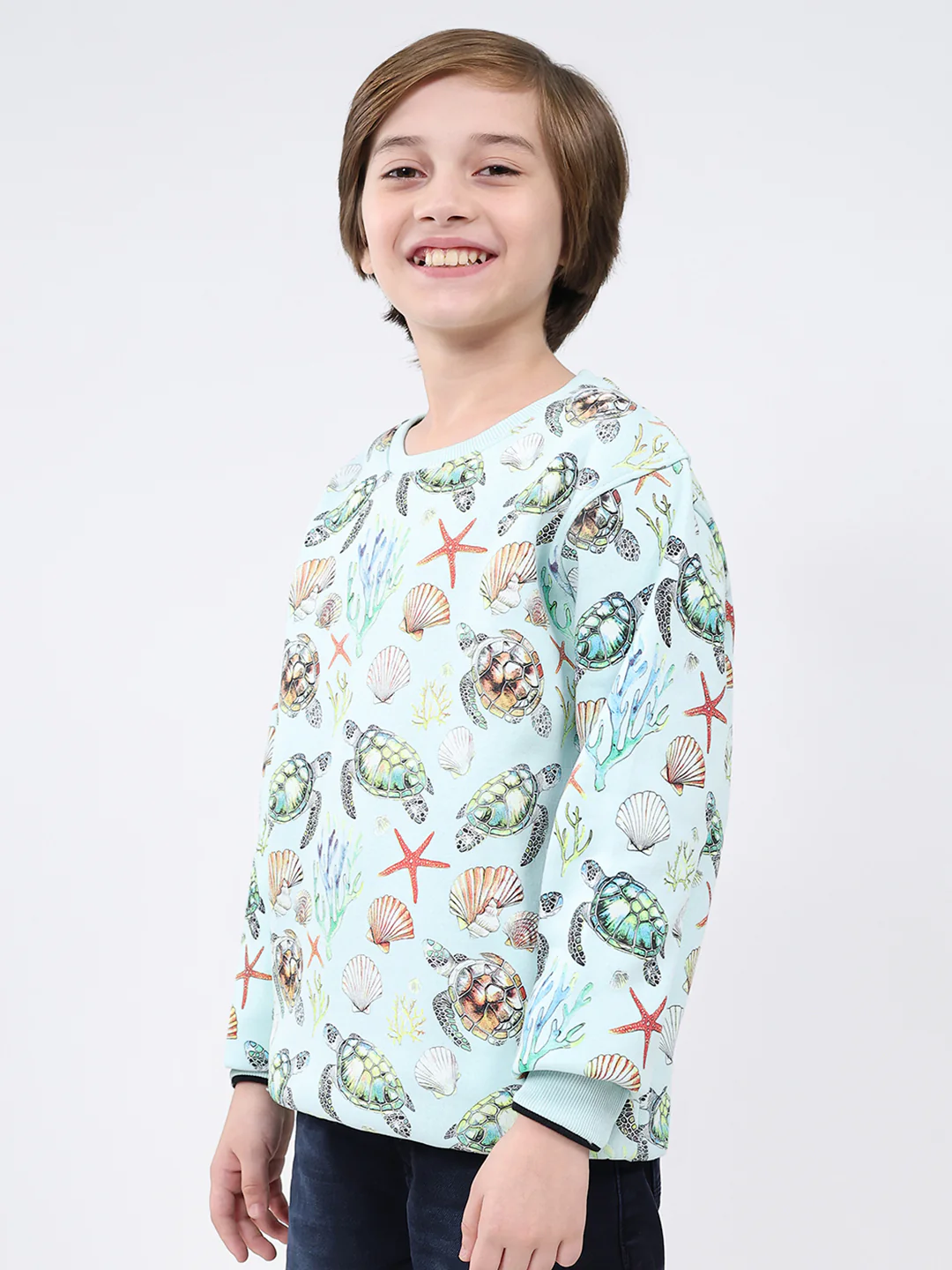 Boys Blue Printed Round Neck Full Sleeve Sweatshirt - Image 3