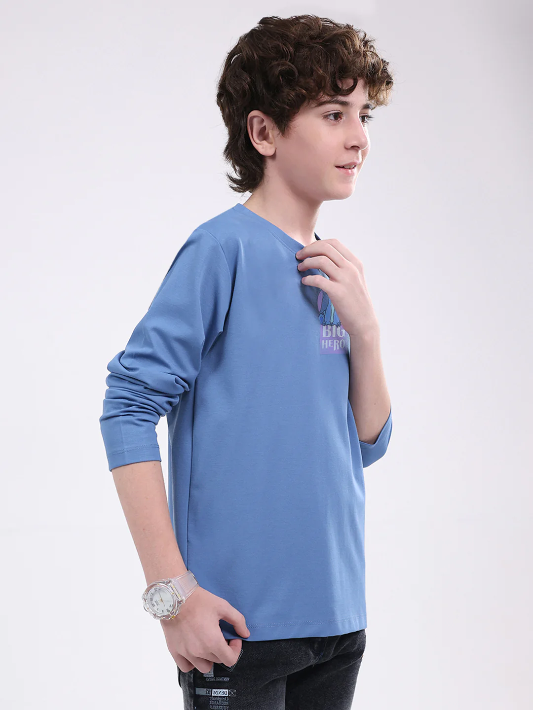 Boys Blue Printed Round Neck Full Sleeve Winter T-Shirt - Image 4