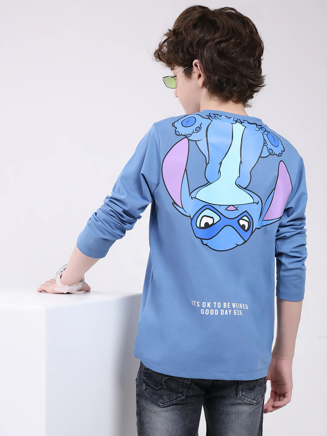 Boys Blue Printed Round Neck Full Sleeve Winter T-Shirt - Image 6