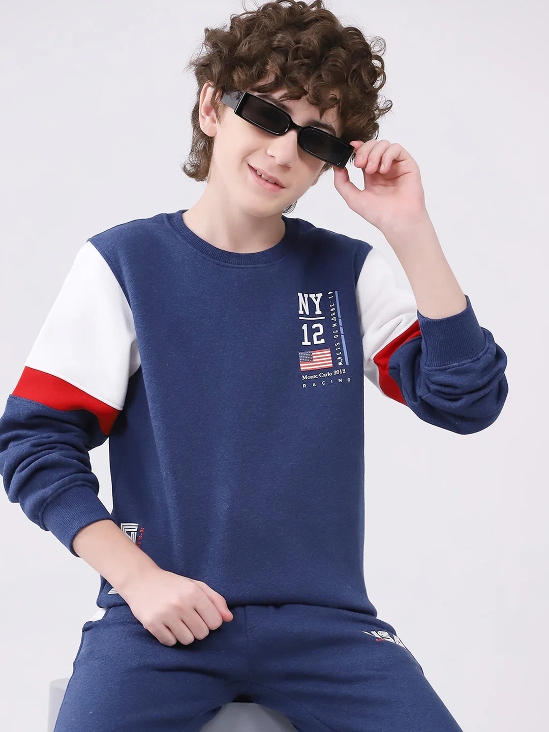 Boys Blue Printed Round Neck Full Sleeve Winter Tracksuit - Image 6
