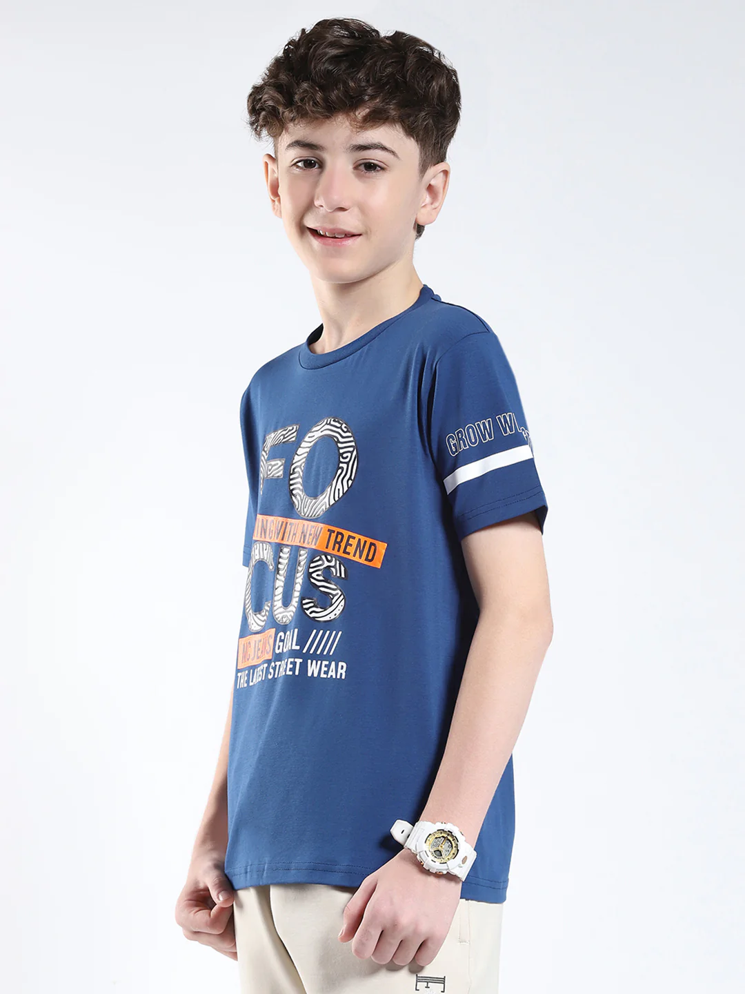 Boys Blue Printed Round Neck Half Sleeve T-Shirt - Image 3