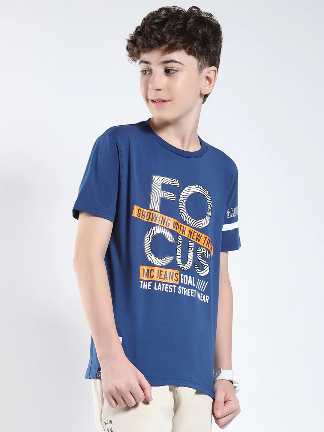 Boys Blue Printed Round Neck Half Sleeve T-Shirt - Image 4