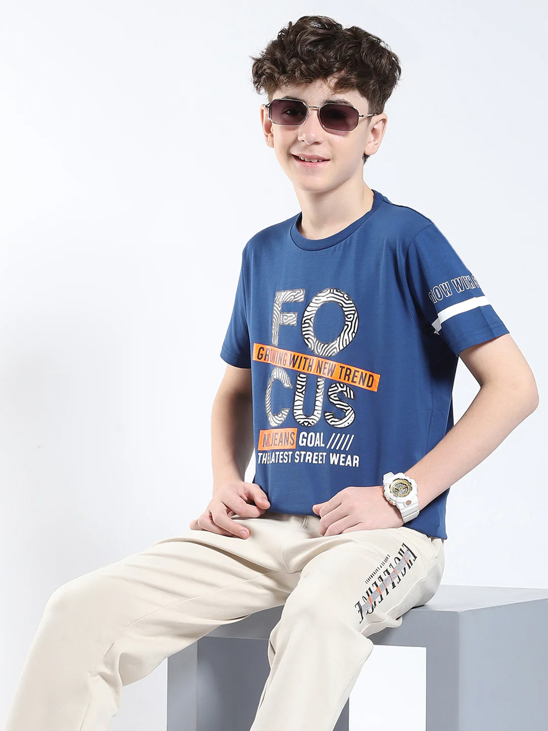 Boys Blue Printed Round Neck Half Sleeve T-Shirt - Image 6