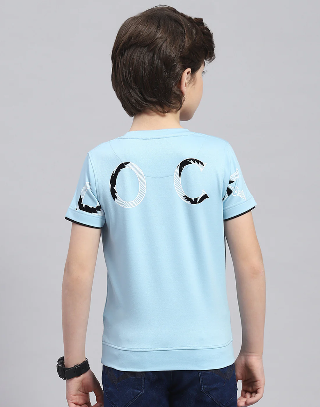 Boys Blue Printed Round Neck Half Sleeve T-Shirt - Image 5