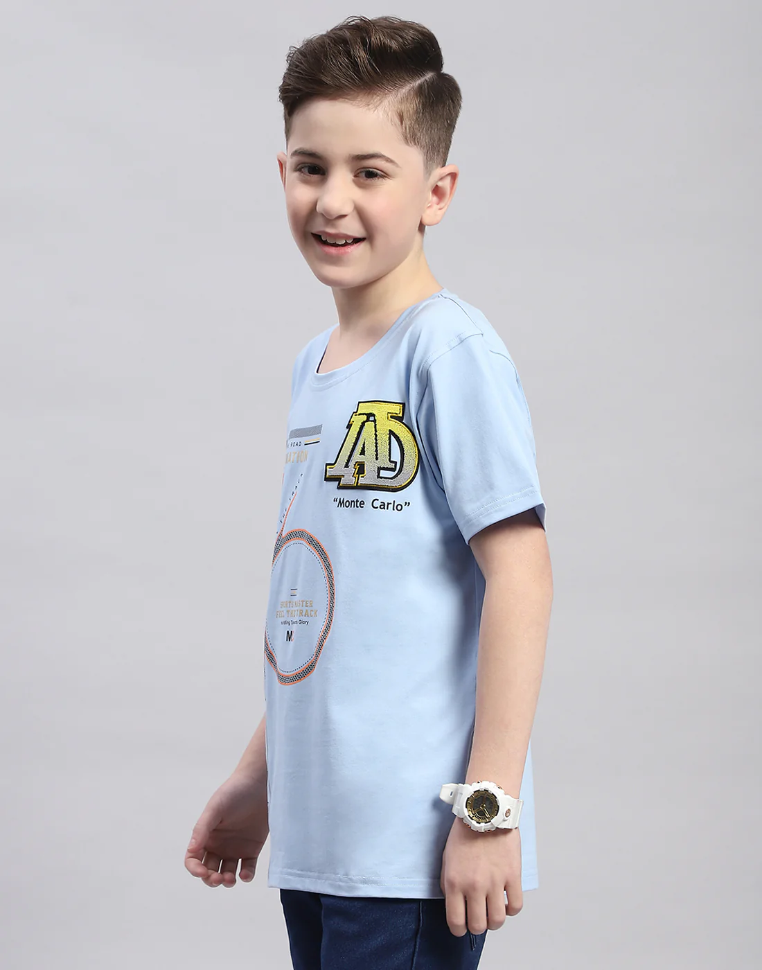 Boys Blue Printed Round Neck Half Sleeve T-Shirt - Image 3