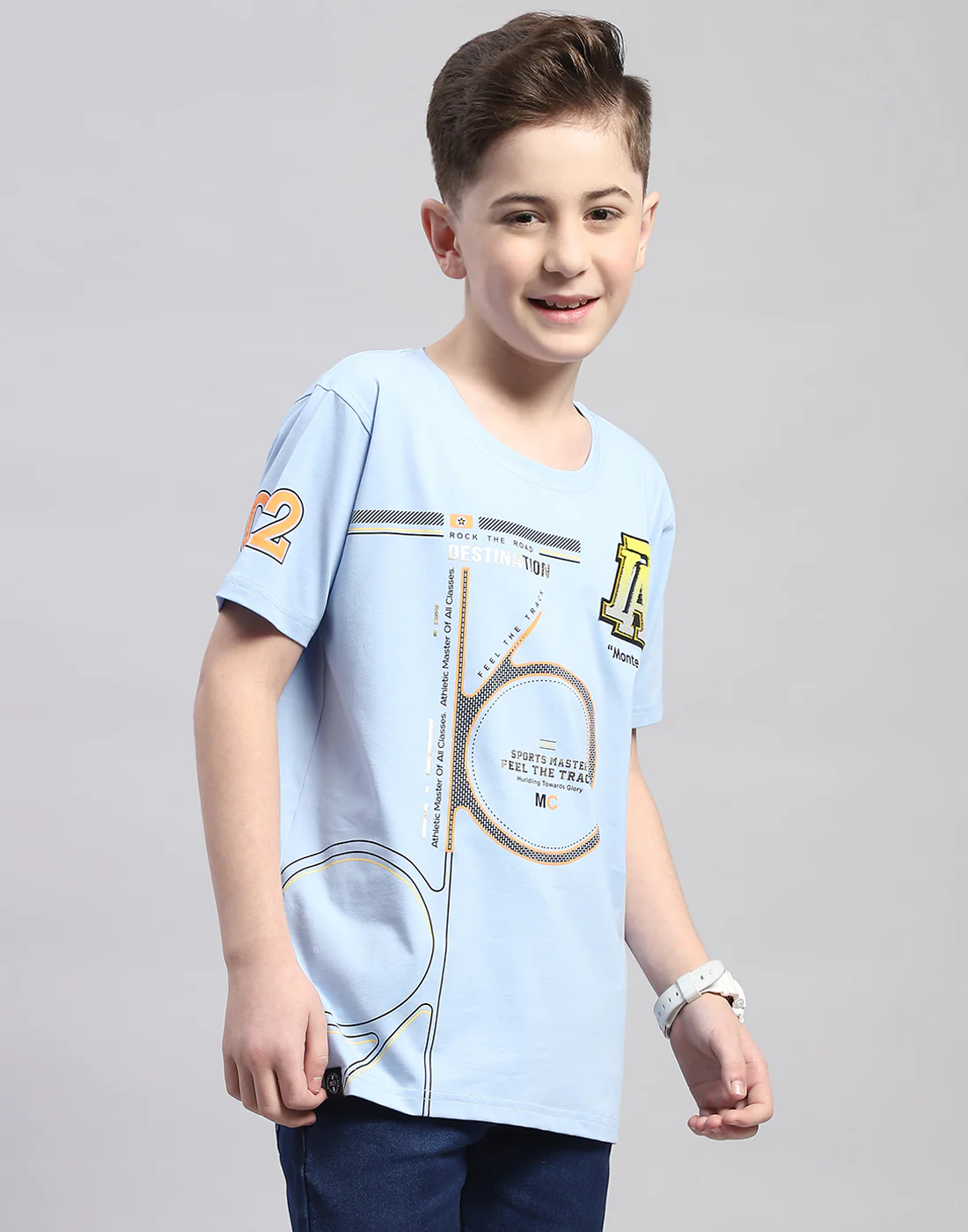 Boys Blue Printed Round Neck Half Sleeve T-Shirt - Image 4