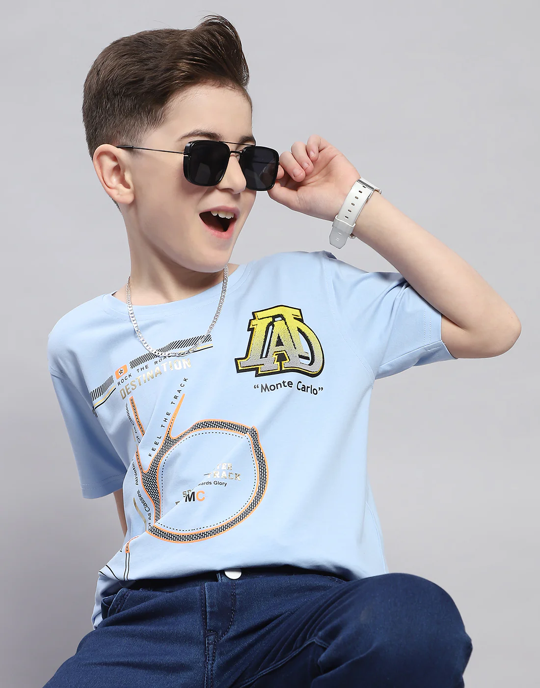 Boys Blue Printed Round Neck Half Sleeve T-Shirt - Image 6